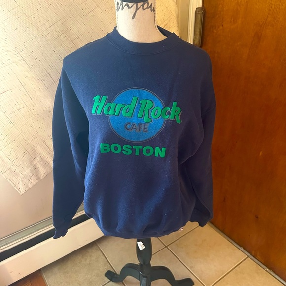 Vintage 90s Y2K Hard Rock Cafe Boston Navy Blue Crew Neck Sweatshirt Large USA - Picture 1 of 14